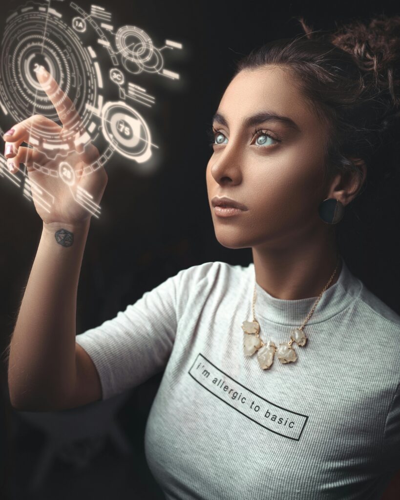 The Rise of Digital Technology in Seattle Woman in a modern setting interacting with a holographic user interface. Futuristic concept.